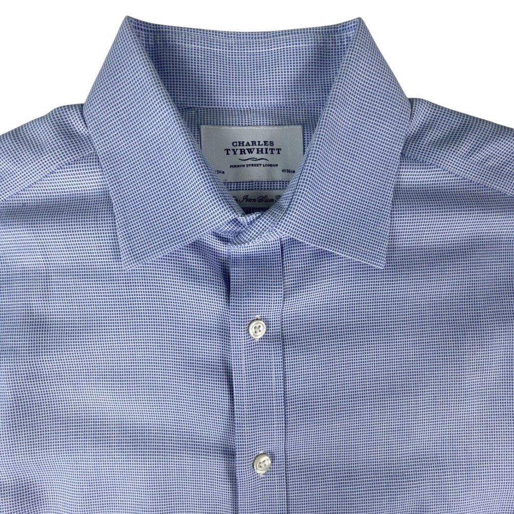 Charles Tyrwhitt Dress Shirt Mens 16/34 Blue Non-Iron Slim Fit French Cuff Grid